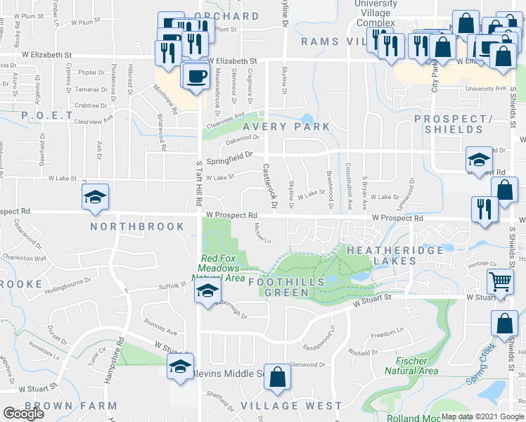 map of restaurants, bars, coffee shops, grocery stores, and more near 1906 West Prospect Road in Fort Collins