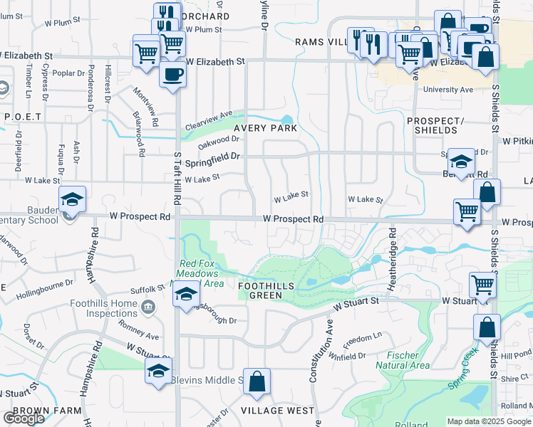 map of restaurants, bars, coffee shops, grocery stores, and more near 1509 Skyline Drive in Fort Collins