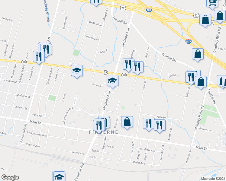 map of restaurants, bars, coffee shops, grocery stores, and more near 120 Finderne Avenue in Bridgewater Township
