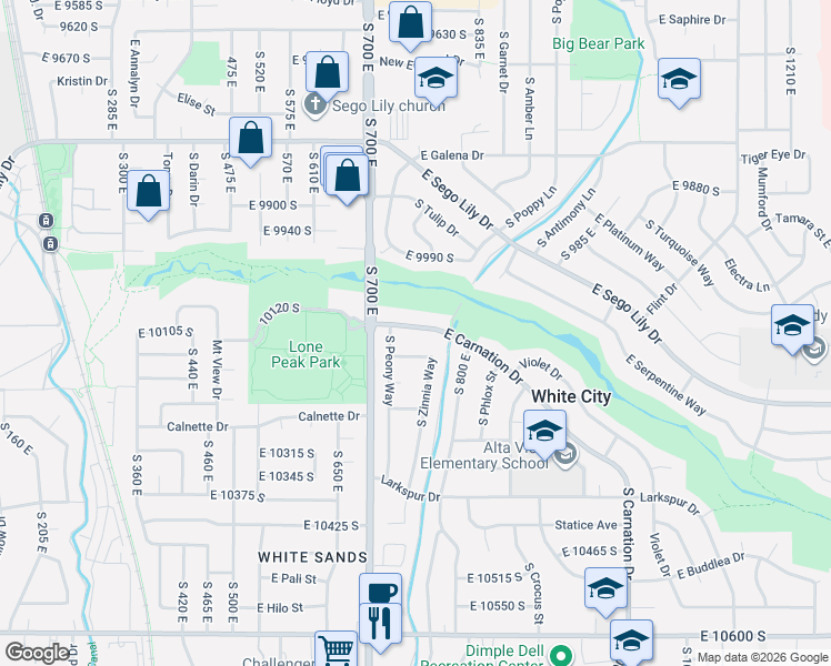 map of restaurants, bars, coffee shops, grocery stores, and more near 756 East Carnation Drive in Sandy