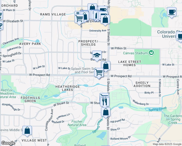 map of restaurants, bars, coffee shops, grocery stores, and more near 1226 West Prospect Road in Fort Collins