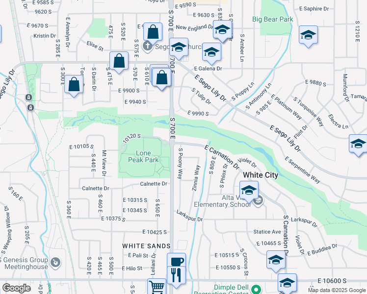 map of restaurants, bars, coffee shops, grocery stores, and more near 10109 South Peony Way in Sandy