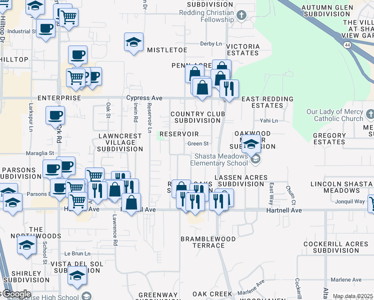 map of restaurants, bars, coffee shops, grocery stores, and more near 2725 Oxford Road in Redding