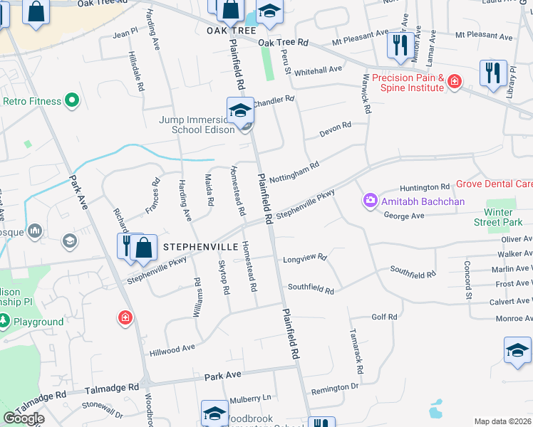 map of restaurants, bars, coffee shops, grocery stores, and more near 399 Plainfield Road in Edison