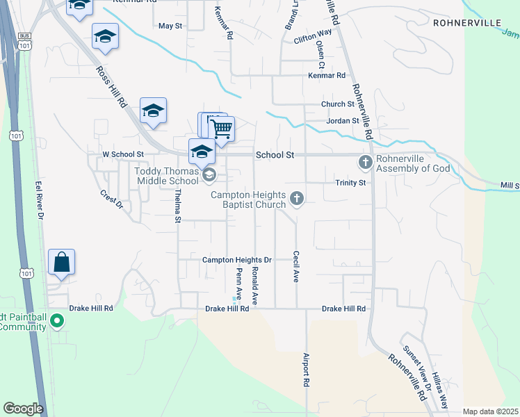 map of restaurants, bars, coffee shops, grocery stores, and more near 1646 Ronald Avenue in Fortuna
