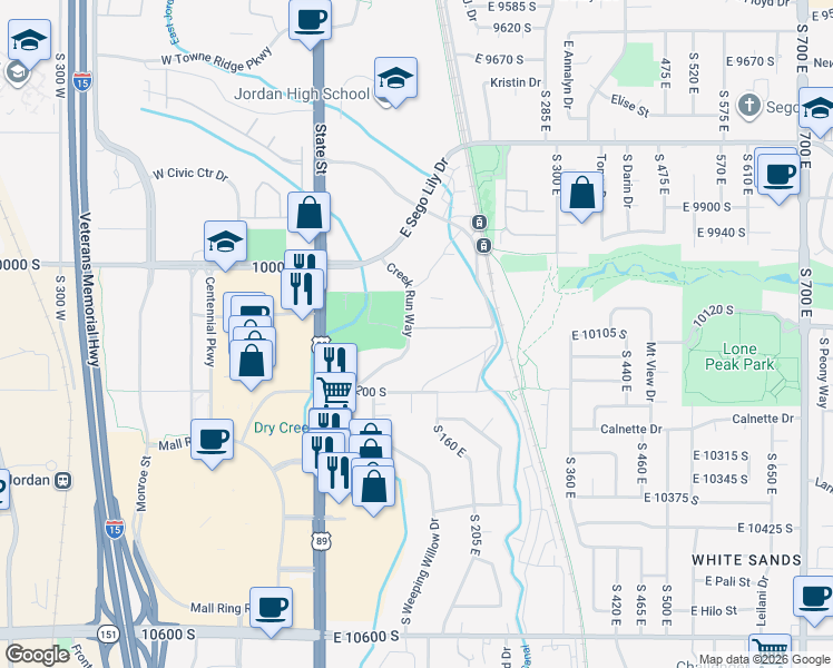 map of restaurants, bars, coffee shops, grocery stores, and more near 142 South Dry Creek Ridge Lane in Sandy