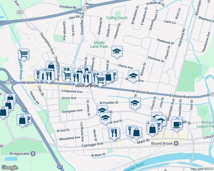 map of restaurants, bars, coffee shops, grocery stores, and more near 245 West Union Avenue in Bridgewater Township