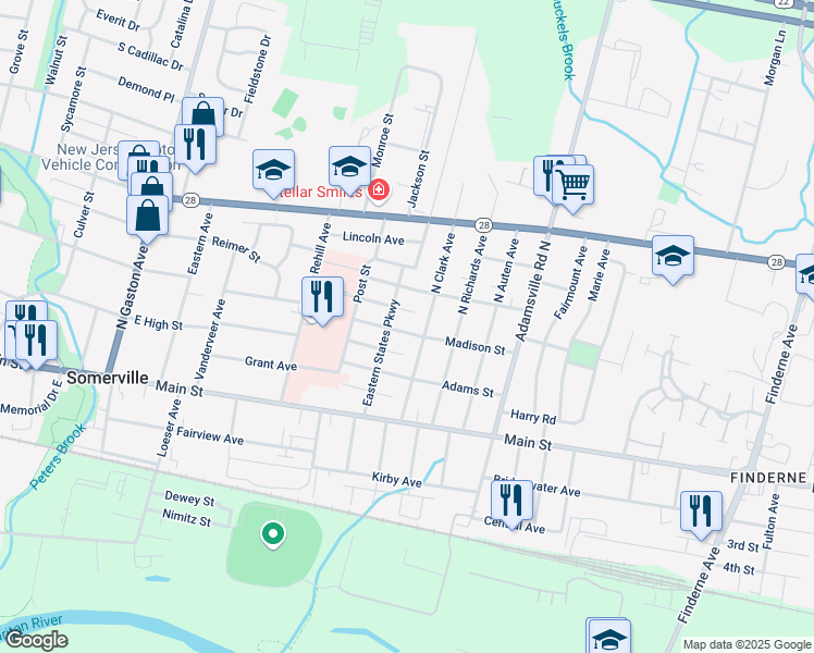 map of restaurants, bars, coffee shops, grocery stores, and more near 27 Madison St in Somerville