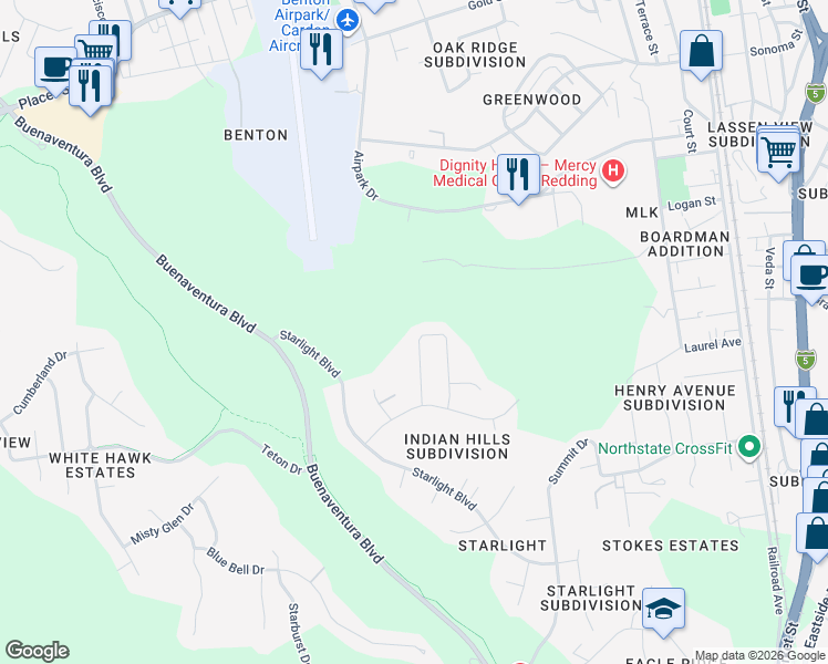map of restaurants, bars, coffee shops, grocery stores, and more near 3053 Seminole Drive in Redding
