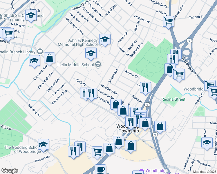 map of restaurants, bars, coffee shops, grocery stores, and more near 20 Westbury Road in Woodbridge Township