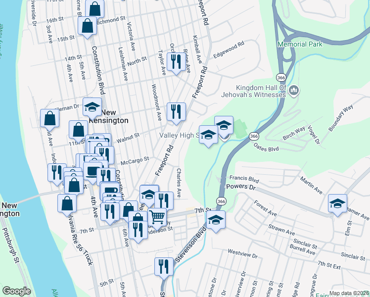 map of restaurants, bars, coffee shops, grocery stores, and more near 320 Charles Avenue in New Kensington