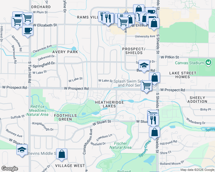 map of restaurants, bars, coffee shops, grocery stores, and more near 1504 West Prospect Road in Fort Collins