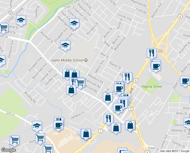 map of restaurants, bars, coffee shops, grocery stores, and more near 20 Westbury Road in Woodbridge Township