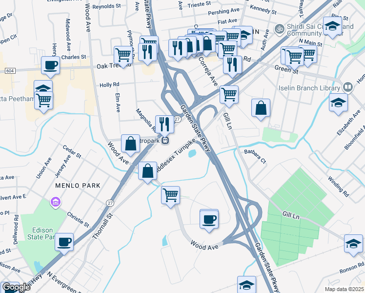map of restaurants, bars, coffee shops, grocery stores, and more near 100 Middlesex Essex Turnpike in Iselin