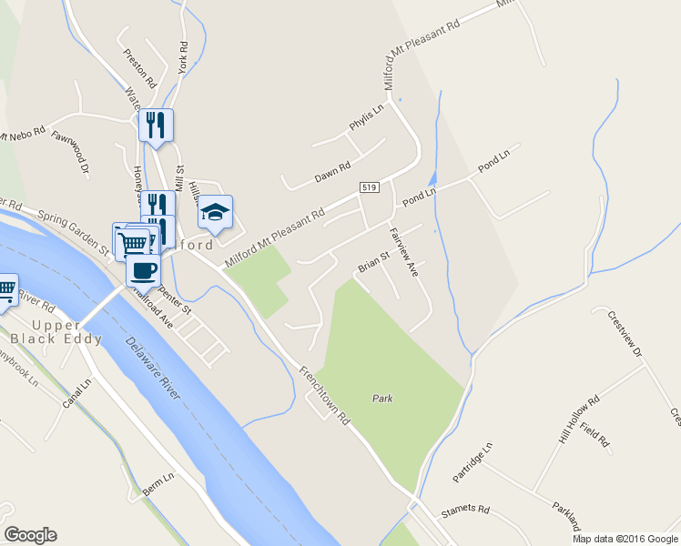 map of restaurants, bars, coffee shops, grocery stores, and more near 132 Hillcrest Drive in Milford