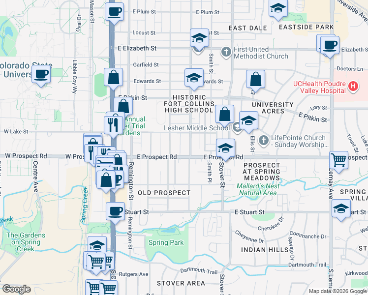 map of restaurants, bars, coffee shops, grocery stores, and more near 1529 Whedbee Street in Fort Collins