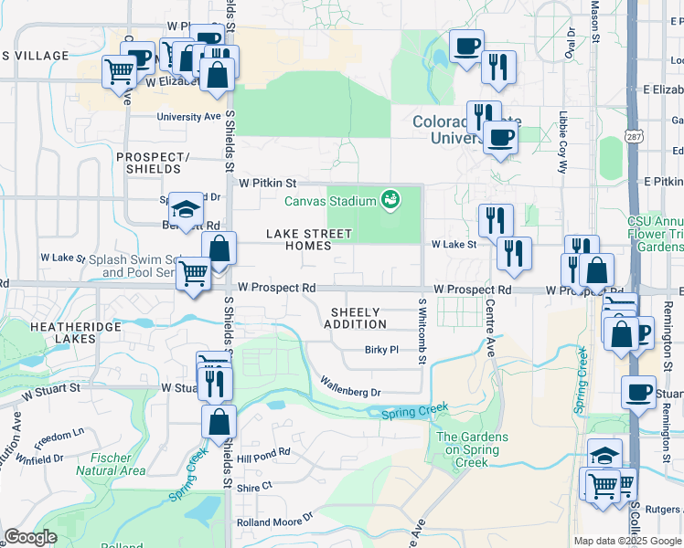map of restaurants, bars, coffee shops, grocery stores, and more near 730 West Prospect Road in Fort Collins