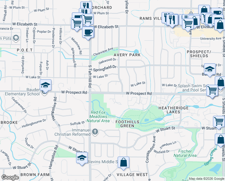 map of restaurants, bars, coffee shops, grocery stores, and more near 1949 Larkspur Drive in Fort Collins