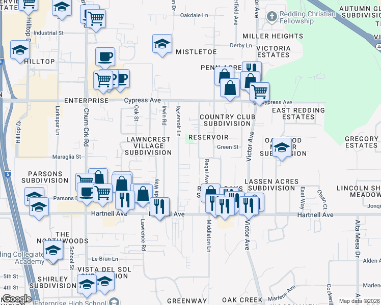 map of restaurants, bars, coffee shops, grocery stores, and more near 2691 Reservoir Lane in Redding