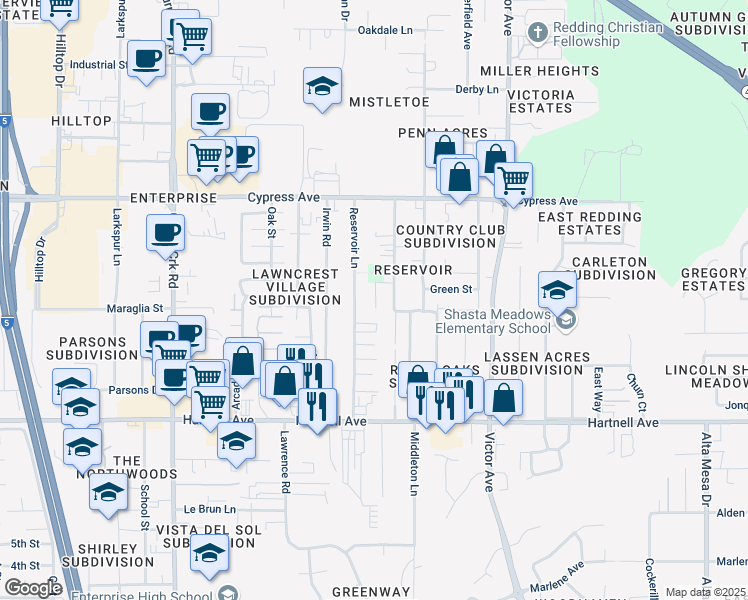 map of restaurants, bars, coffee shops, grocery stores, and more near 2691 Reservoir Lane in Redding