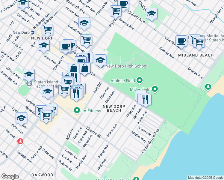 map of restaurants, bars, coffee shops, grocery stores, and more near 590 New Dorp Lane in Staten Island