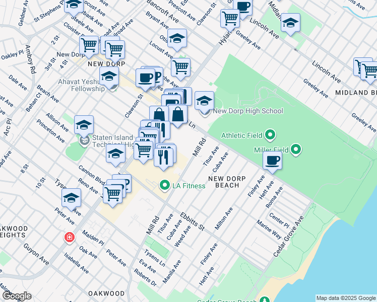map of restaurants, bars, coffee shops, grocery stores, and more near 17 Windmill Court in Staten Island
