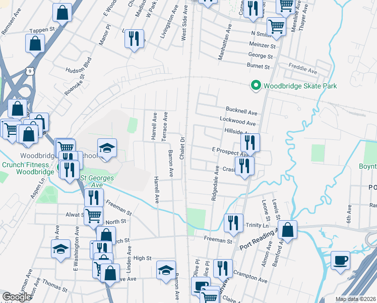 map of restaurants, bars, coffee shops, grocery stores, and more near 169 East Prospect Avenue in Woodbridge Township