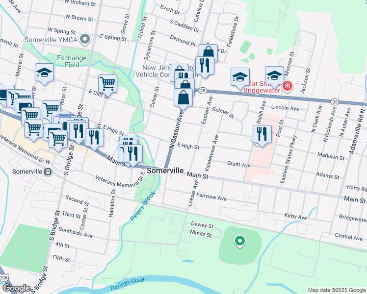 map of restaurants, bars, coffee shops, grocery stores, and more near 210 East High Street in Somerville