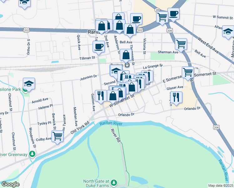 map of restaurants, bars, coffee shops, grocery stores, and more near in Raritan
