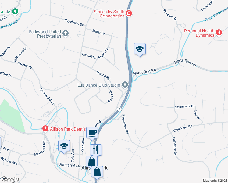 map of restaurants, bars, coffee shops, grocery stores, and more near 4128 Surrey Drive in Hampton Township