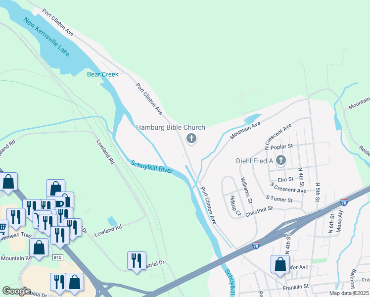 map of restaurants, bars, coffee shops, grocery stores, and more near 731 Port Clinton Avenue in Hamburg