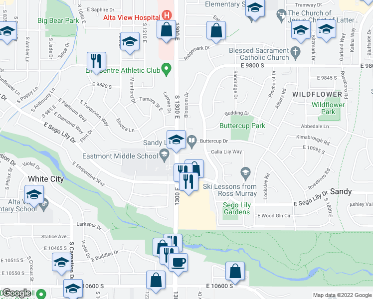 map of restaurants, bars, coffee shops, grocery stores, and more near 10100 Petunia Way in Sandy