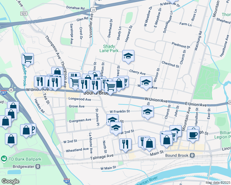 map of restaurants, bars, coffee shops, grocery stores, and more near 245 West Union Avenue in Bridgewater Township