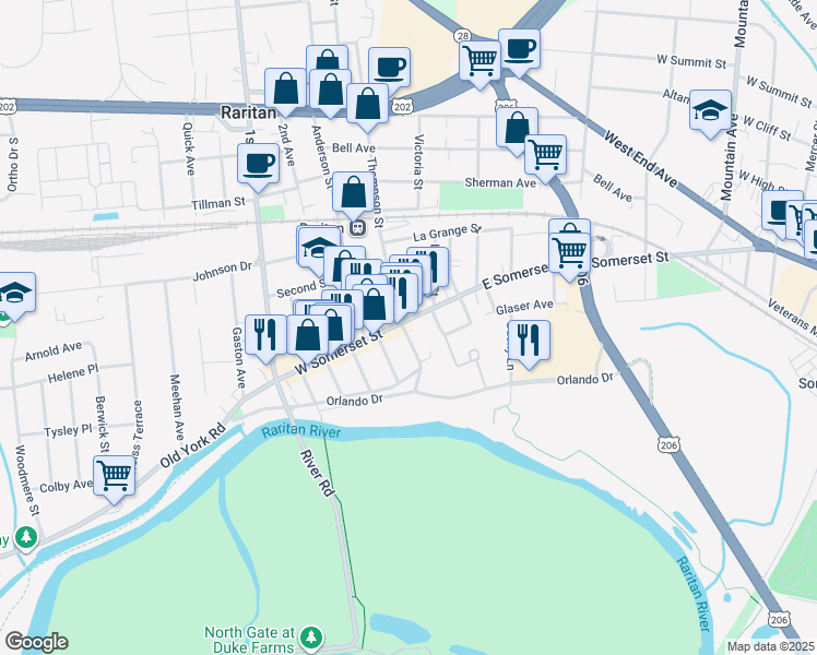 map of restaurants, bars, coffee shops, grocery stores, and more near 1 West Somerset Street in Raritan