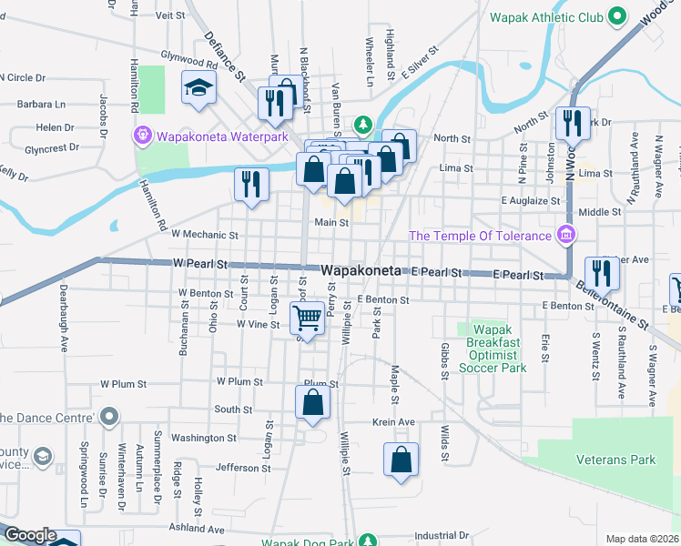 map of restaurants, bars, coffee shops, grocery stores, and more near 309 Perry Street in Wapakoneta