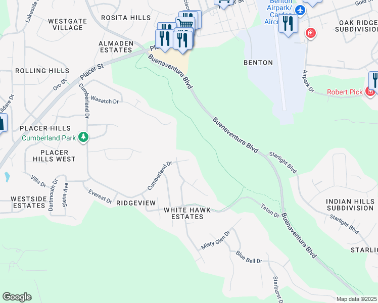 map of restaurants, bars, coffee shops, grocery stores, and more near 2667 Cumberland Drive in Redding