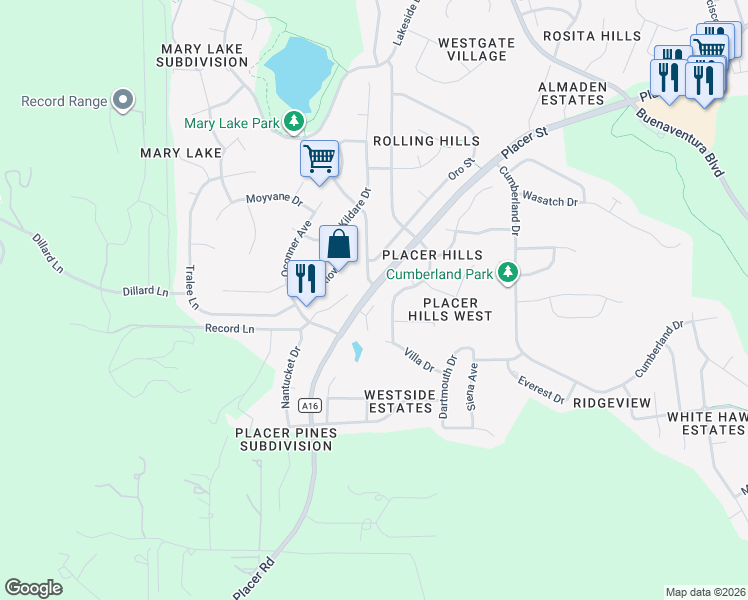 map of restaurants, bars, coffee shops, grocery stores, and more near 4296 Hazelwood Court in Redding