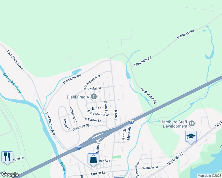 map of restaurants, bars, coffee shops, grocery stores, and more near 741 North 5th Street in Hamburg
