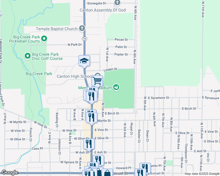 map of restaurants, bars, coffee shops, grocery stores, and more near 1001 North Main Street in Canton
