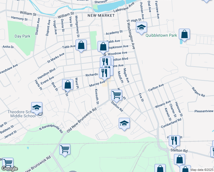 map of restaurants, bars, coffee shops, grocery stores, and more near 216 Stelton Road in Piscataway