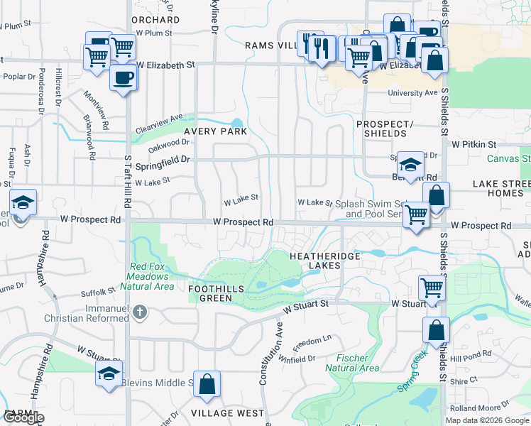 map of restaurants, bars, coffee shops, grocery stores, and more near 1612 West Prospect Road in Fort Collins