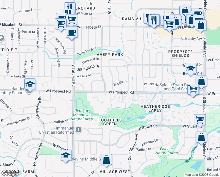 map of restaurants, bars, coffee shops, grocery stores, and more near 1509 Skyline Drive in Fort Collins