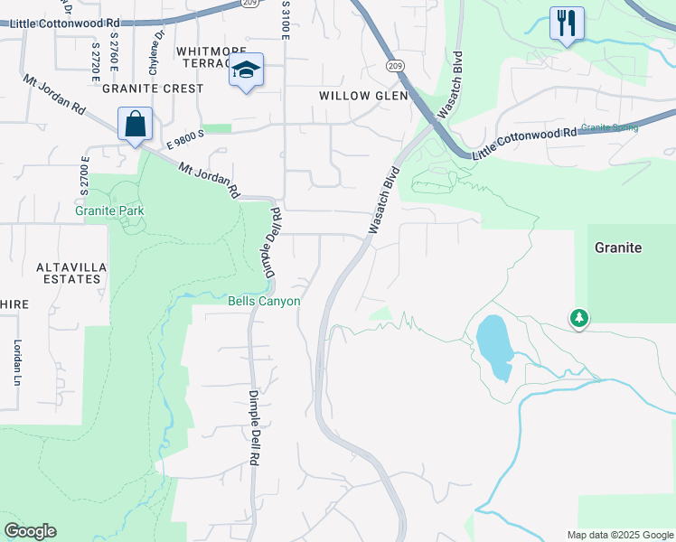 map of restaurants, bars, coffee shops, grocery stores, and more near 10115 Wasatch Boulevard in Sandy