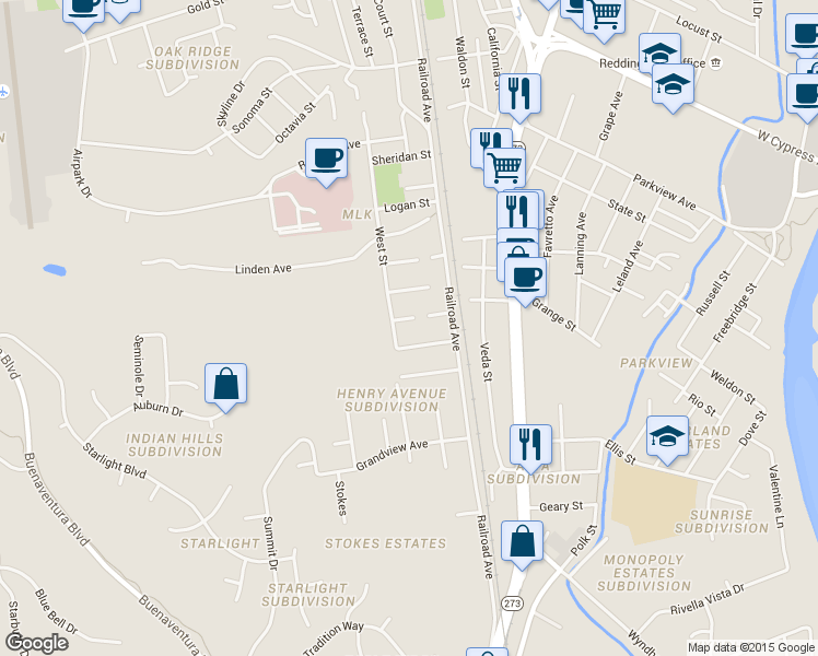 map of restaurants, bars, coffee shops, grocery stores, and more near 3149 West Street in Redding