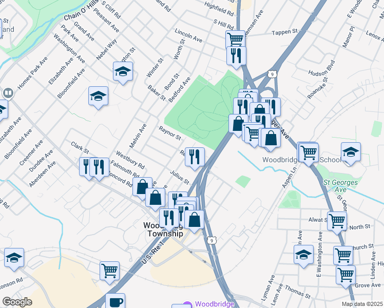 map of restaurants, bars, coffee shops, grocery stores, and more near in Woodbridge Township