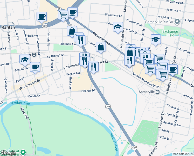 map of restaurants, bars, coffee shops, grocery stores, and more near 79 U.S. 206 in Somerville