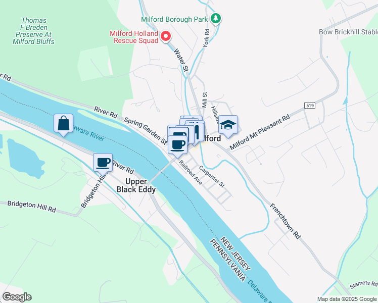 map of restaurants, bars, coffee shops, grocery stores, and more near 16 Carpenter Street in Milford