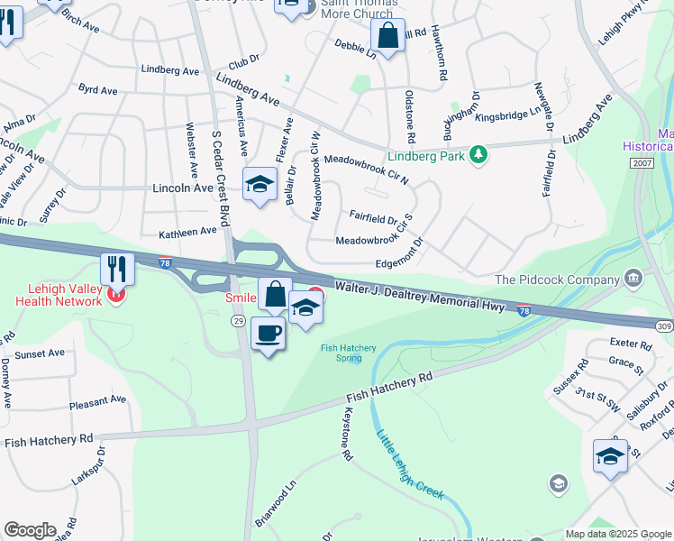 map of restaurants, bars, coffee shops, grocery stores, and more near 2839 Edgemont Drive in Allentown