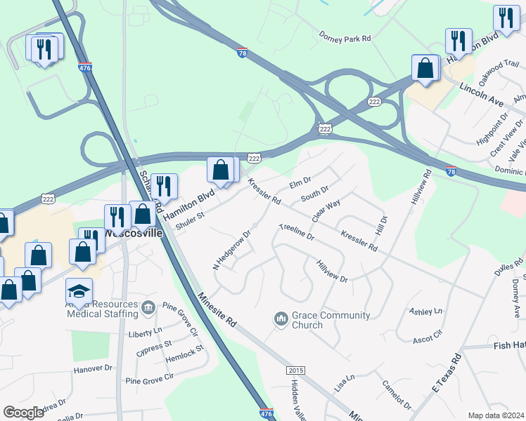 map of restaurants, bars, coffee shops, grocery stores, and more near 888 Kressler Road in Allentown