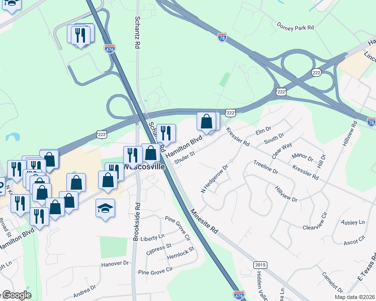 map of restaurants, bars, coffee shops, grocery stores, and more near 4698 Shuler Street in Allentown